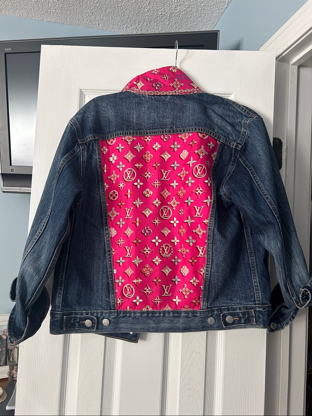 Lola Saratoga custom Classic Louis Vuitton scarf Denim Jacket custom 1 of a kind